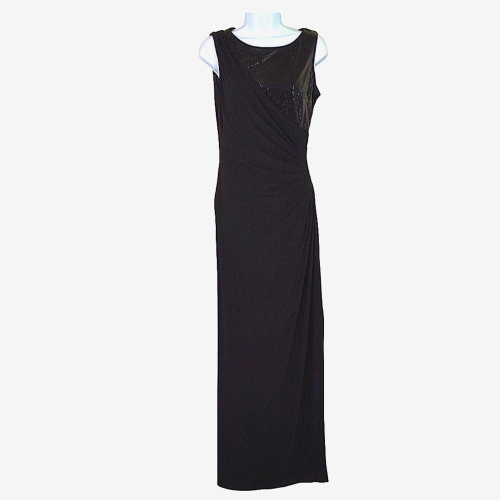 R&M Richards Black Sleeveless Sequined Ruched Side Split Maxi length gown size 6